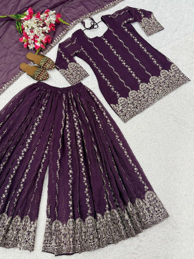 Deep Purple Crunchy Silk Embroidered Sharara Suit for Women UK