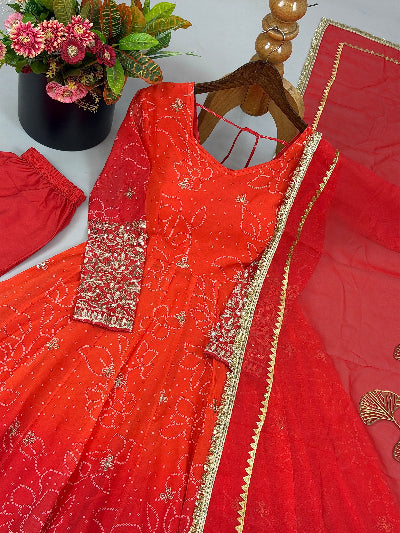 Red Orange Ombre Embroidered Anarkali Gown Set