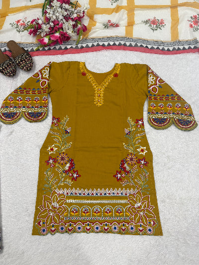 Mustard Yellow Embroidered Palazzo Suit with Printed Dupatta