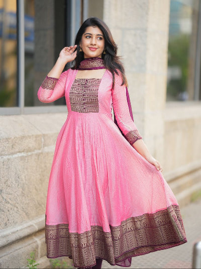 Pink South Fashion Anarkali Dupatta Set Of 2