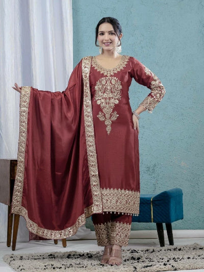 Brick Maroon Embroidered Chinnon Silk Straight Suit Set for Women UK