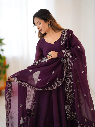 Purple Fendy Silk Full Sleeves Embroidered Anarkali Suit Set