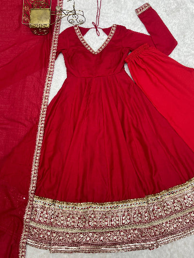 Red Embroidery Work Anarkali Gown Suit Set | Karwa Chauth Special
