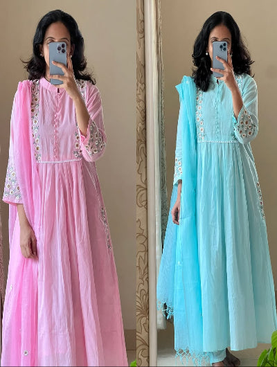 Pink &amp; Blue Lightweight Cotton Anarkali Suit with Embroidery