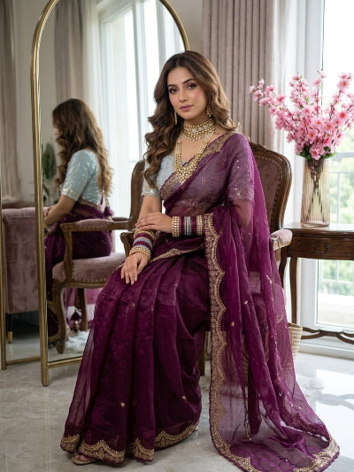 Burgandy Ready to Wear Saree with Powder Blue Embroidered Stitched Blouse
