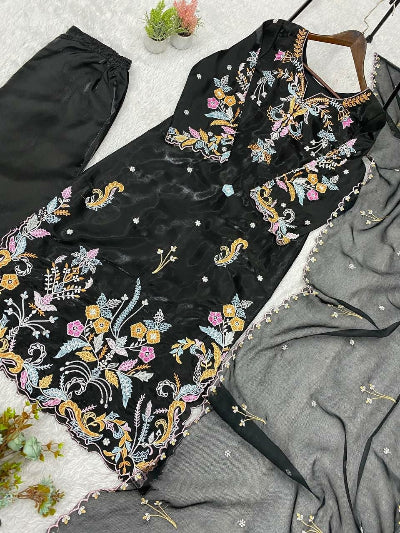 Black Embroidered Glass Roman Silk Straight Suit for Women