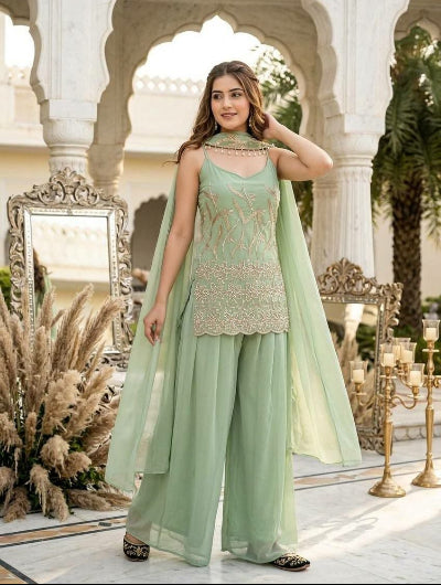 Pastel Green Embellished Georgette Sleeveless Palazzo Kurti Dupatta Set