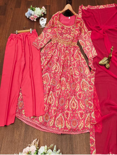 Orange Pink Georgette Anarkali Suit Set UK Next Day