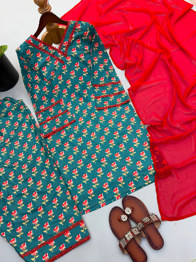 Green Floral Print Farshi Suit Set with Nazmin Dupatta