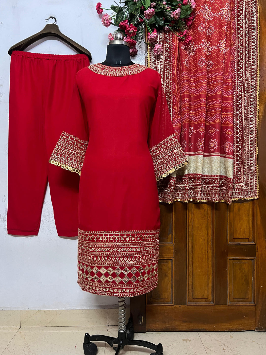 Red Georgette Full Embroidery Straight Suit