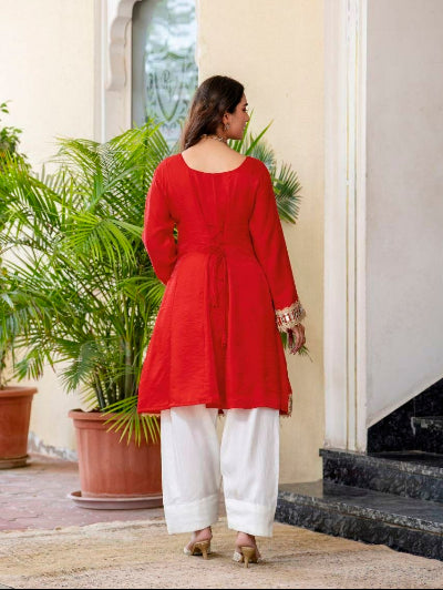 Red Mirror Work Silk Farshi Suit with Organza Dupatta
