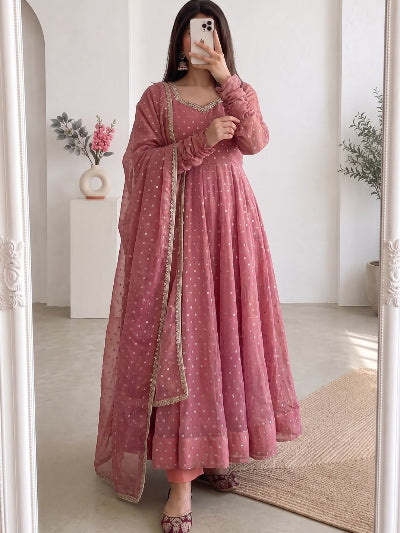 Rose Pink Butti Silk Anarkali Suit Set
