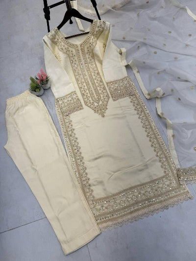 Cream Roman Silk Embroidery Work Straight Suit