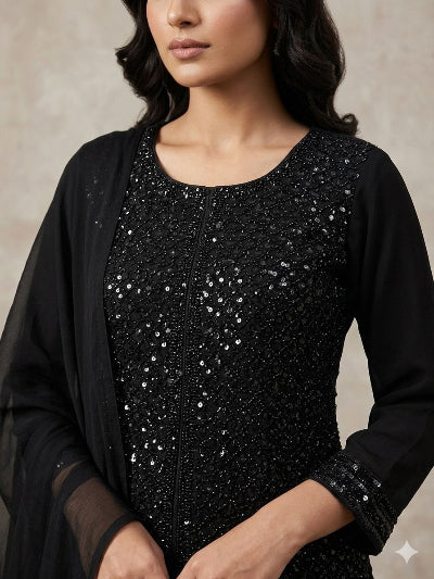 Black Georgette Palazzo Suit with Beads &amp; Sequins