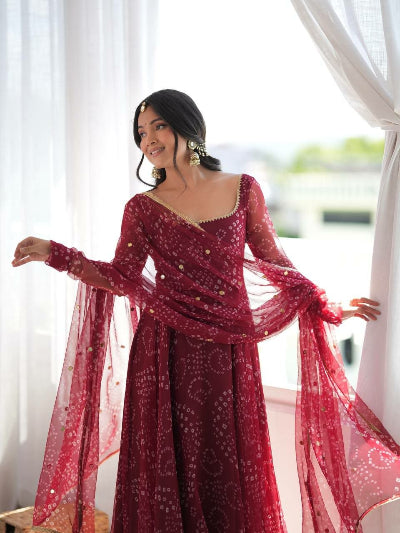 Classic Maroon Georgette Bandhani Anarkali Suit for Women