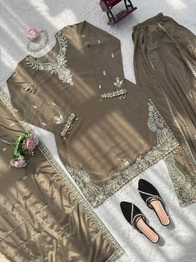 Taupe Brown Intricate Sequence Work Sharara Palazzo Suit