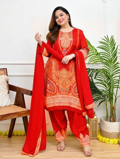 Plus Size Red Muslin Embroidered Mirror Work Suit Set
