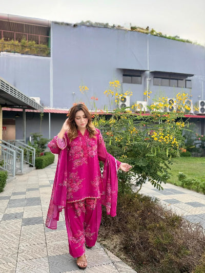 Hot Pink Georgette Floral Farshi Suit Set for Women UK