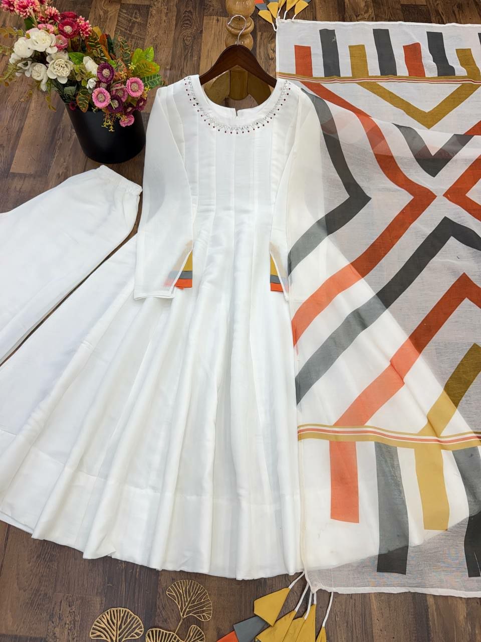 White Embroidered Mal Cotton Anarkali Suit with Multicolour Dupatta