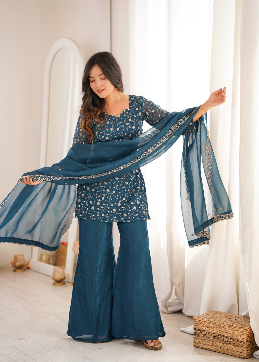 Teal Blue Crunchy Silk Kurta Bell Bottom Pant &amp; Dupatta