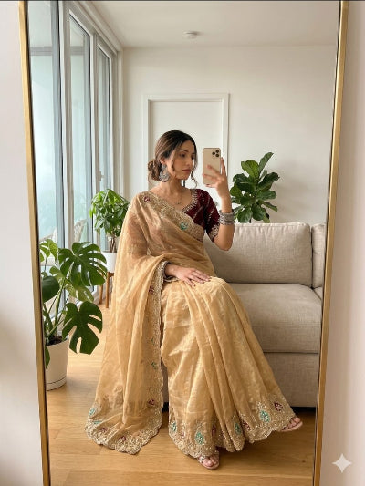 Gold Tissue Silk Ready to Wear Saree with Maroon Stitched Embroidered Blouse