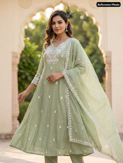 Pista Green Pure Mul Chanderi Embroidered A-Line Suit Set for Women