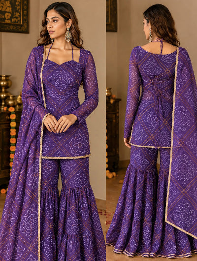 Purple Georgette Peplum Gharara Suit Set with Dupatta