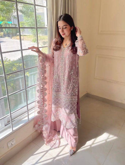Pastel Blush Pink Soft Net Embroidery Straight Suit
