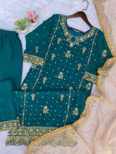 Partywear Designer Gold Embroidery Straight Suit