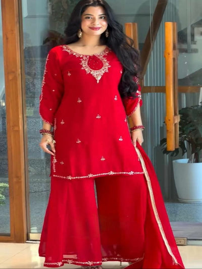 Red Karvachauth Georgette Embroidered Palazzo Suit Set