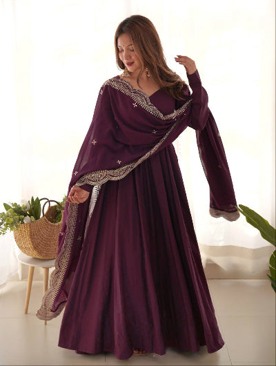 Burgandy Plum Flared Anarkali Gown Set with Dupatta