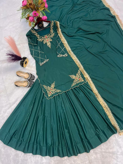 Teal Green Embroidery Sequins Kurti Skirt Dupatta Set