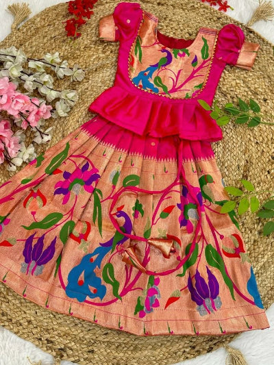 Kids Hot Pink Paithani Litchi Silk Lehenga Blouse Set Of 2