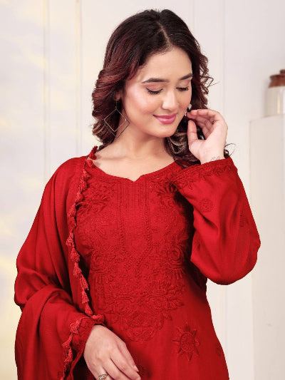 Red Embroidered Rayon Straight Suit Set
