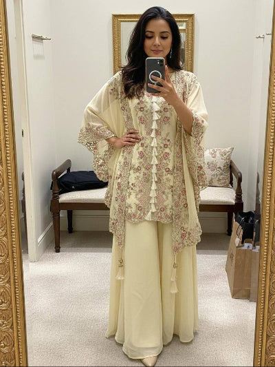 Party Wear Cape Style Suit Set with Sequence Work