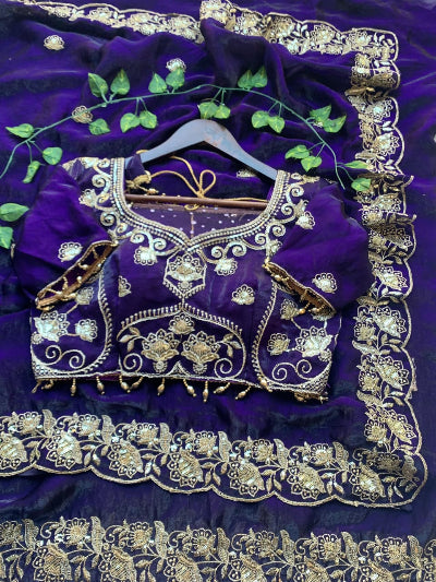 Purple Gold Embroidered Ready to Wear Saree with Stitched Blouse