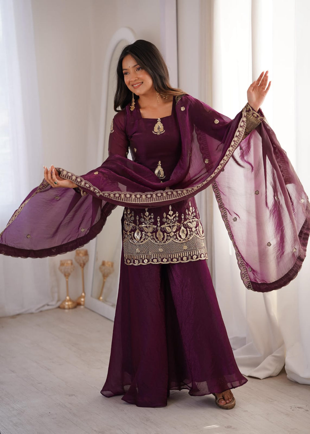Deep Wine Embroidered Sharara Suit UK | Women&