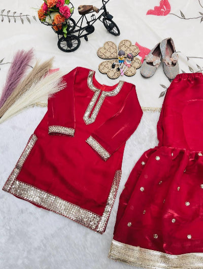 Kids Red Embroidery Work Floral Sharara Suit UK Next Day