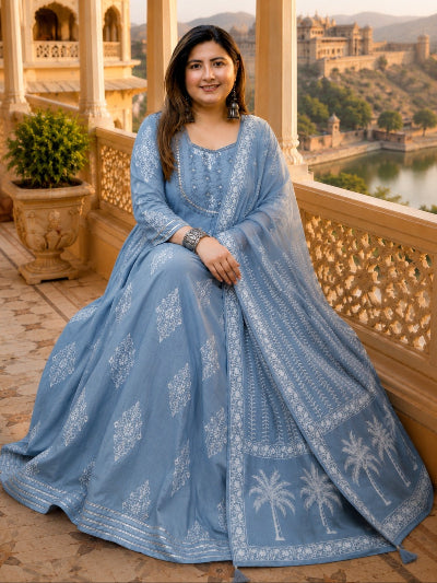 Plus Size Women Powder Blue Cotton Anarkali Dupatta Set of 2
