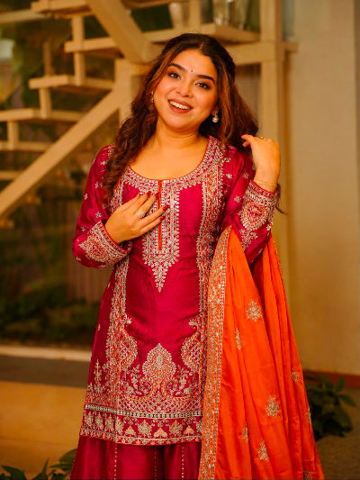 Red &amp; Orange Chinon Silk Embroidered Palazzo Sharara Suit Set