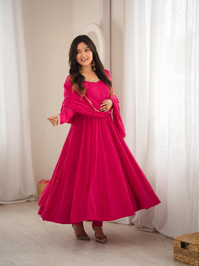 Rani Pink Embroidered Chanderi Anarkali Suit with Mirror Lace