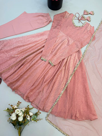 Blush Pink Crush Silk Mirror Work Gown Suit | Women&