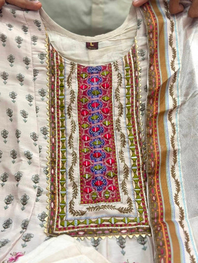 Cream Pure Chinon Handwork Anarkali Suit Set