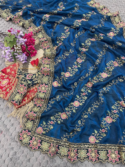 Teal Blue Silk Embroidery Work Ready to Wear Saree with Stitched Blouse