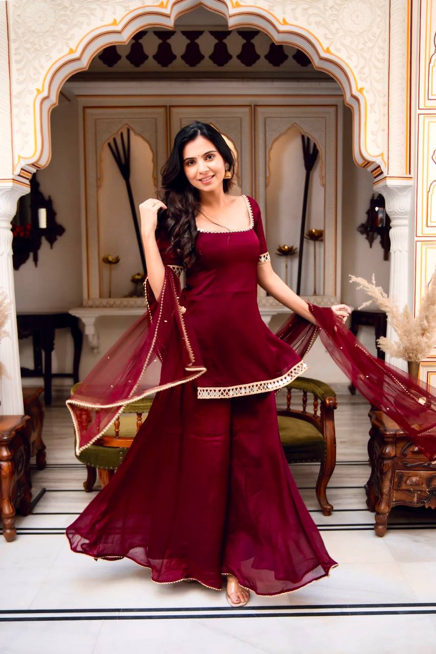 Classic Red Georgette Mirror Work Sharara Palazzo Set