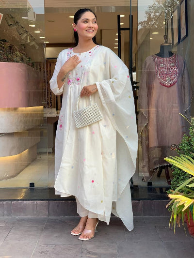 White Luxury Cotton Anarkali Suit Set