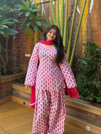 Pink Printed Cambric Cotton Farshi Pant Suit for Women