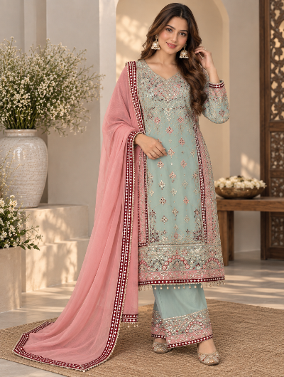 Pastel Mint Green Embroidered Georgette Suit with Pink Dupatta UK Next Day