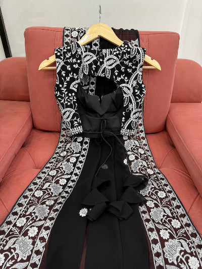 Black Georgette Thread Embroidery Ready to wear Saree with Free Stitched Blouse