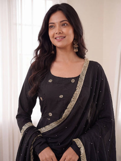 Black Crepe Silk Embroidered Anarkali Suit Set